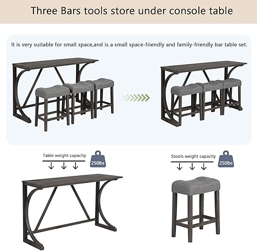Miniatura 7 de WK696 - Juego de 4 mesas de bar con toma de corriente, mesa de bar y sillas, juego de mesa de bar con 3 taburetes acolchados para sala de estar,