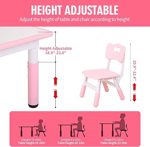 Miniatura 6 de UNICOO - Juego de mesa y sillas de estudio para niños, escritorio de arte infantil de plástico ajustable en altura con 4 asientos, juego de mesa de