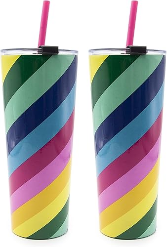 Cambridge Silversmiths Stripe - Juego de 2 vasos de paja aislados multicolor de 24 onzas, 0