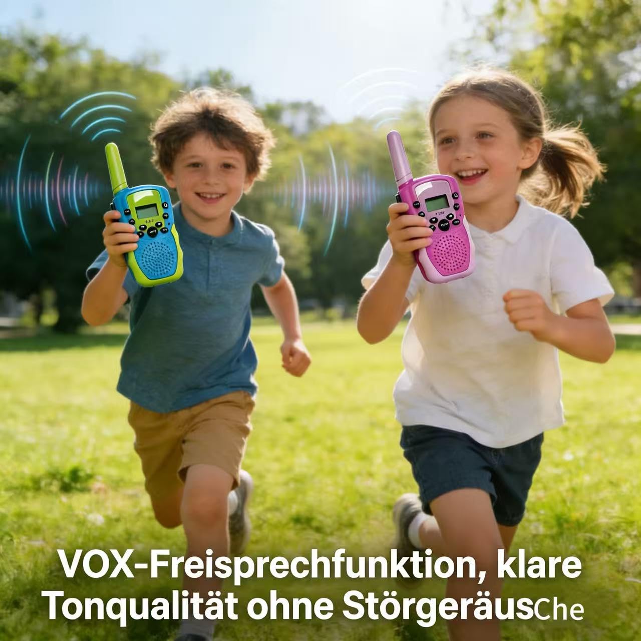 Kinder Walkie Talkies 2er, geeignet für Jungen und Mädchen, Reichweite 3 km, VOX und LED-Taschenlampe, Outdoor-Camping-Abenteuer-Spielzeug, Blau-Grün & Pink-Rot