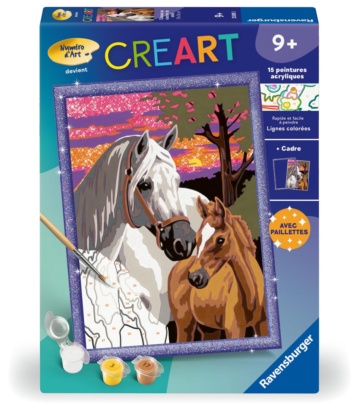 Ravensburger - CreArt Kids 18x24 cm - Numéro d'art - Chevaux au Coucher du Soleil - Kit de Peinture par numéros - avec Effet Scintillant - Dès 9 Ans - 25809