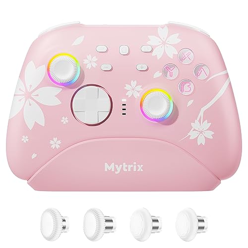 Mytrix Wireless Pro Controller with Charging Dock, Controllers for Nintendo Switch/PC/Steam/iPad/Mac/Tablet/Laptop, with RGB Light/Macro Keys/Turbo Button/4 Joystick Replacements, Sakura Pink - Pink Charging Dock
