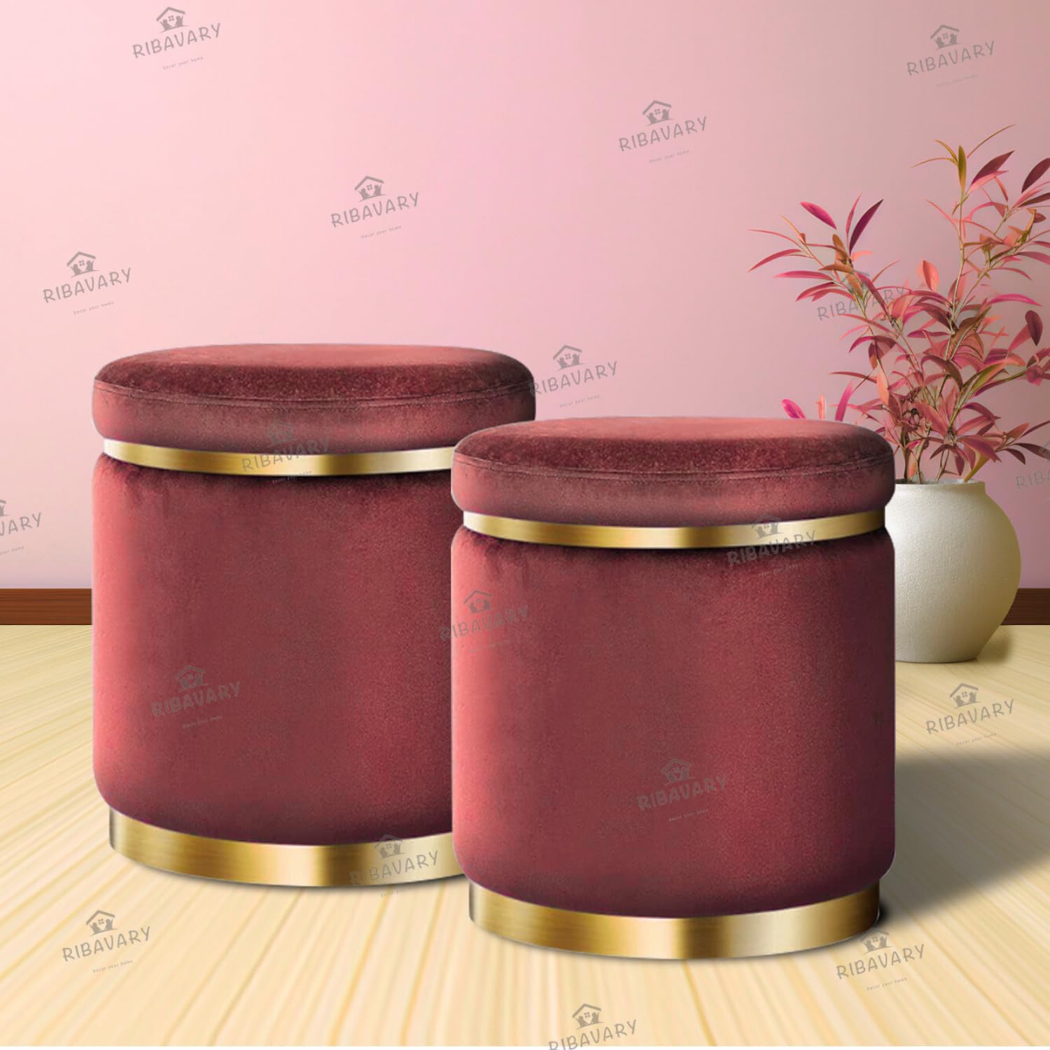 RIBAVARY Velvet Luxurious Sitting Stool for Bedroom & Living Room, Sofa Side Stool, Wooden Small Ottoman Footrest Stool, Makeup Chair, Pouf for Office & Home Decoration (Drum Combo, Maroon 2)-image-15
