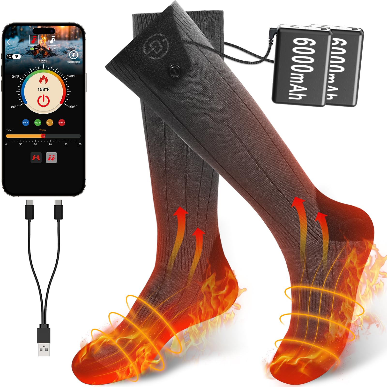 Heated Socks for Women Men, 6000mAh Rechargeable Battery Foot Warmer Hiking Socks Up to 10 Hours, APP-Controlled Electric Heated Socks with 4 Heating Levels for Hunting Camping Skiing