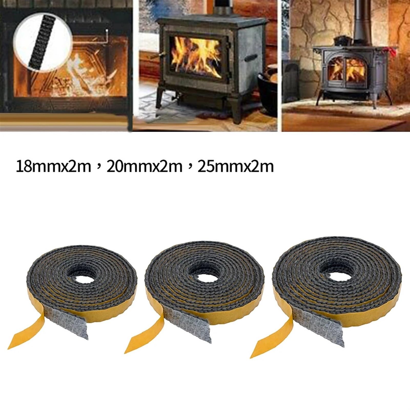 Corda per stufe/Wizard, Corda for stufa in fibra di vetro guarnizione nera autoadesiva 18/20/25 mm 2 m(18mmx2m)