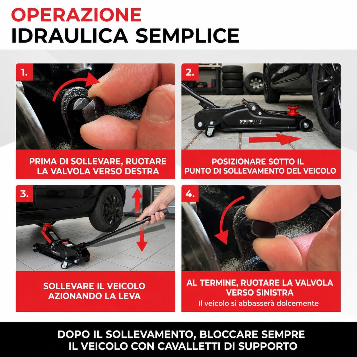 STREND PRO Premium Cric idraulico a carrello 2,5 t, profilo ribassato, altezza 80-360 mm, con ruote e adattatore in gomma per auto