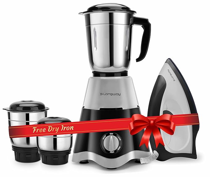 Longway Super Dlx 700 W Mixer Grinder with 3 Jars (Powerful Motor with 1 Year warranty, Black & Gray) & Kwid 750 W Dry Iron (Black & Gray) at Rs. 1699