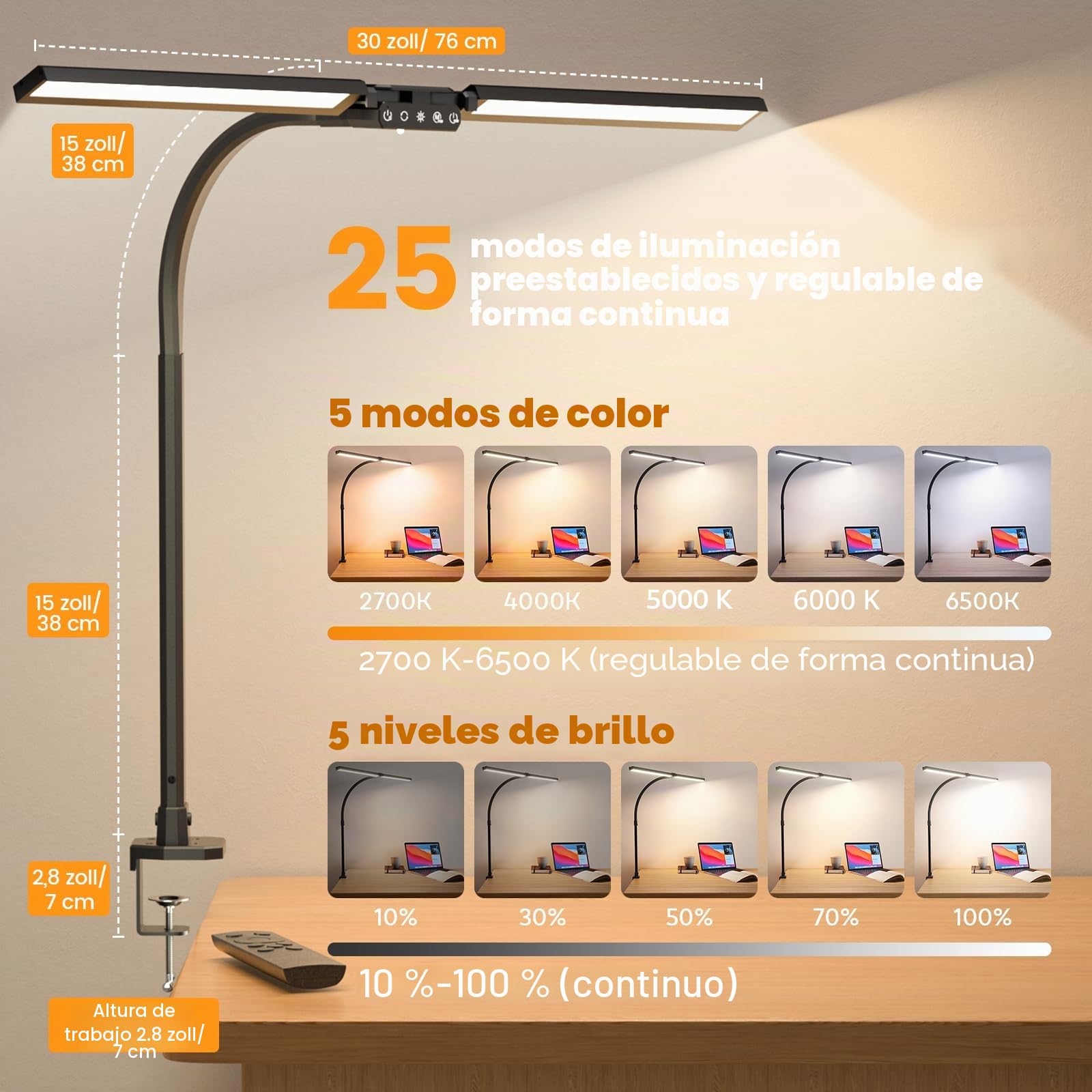 SIBRILLE Lámpara de escritorio RGB de doble cabeza LED regulable, 22 W, 80 cm, luz diurna con mando a distancia, giratoria, protección ocular, cuello de cisne