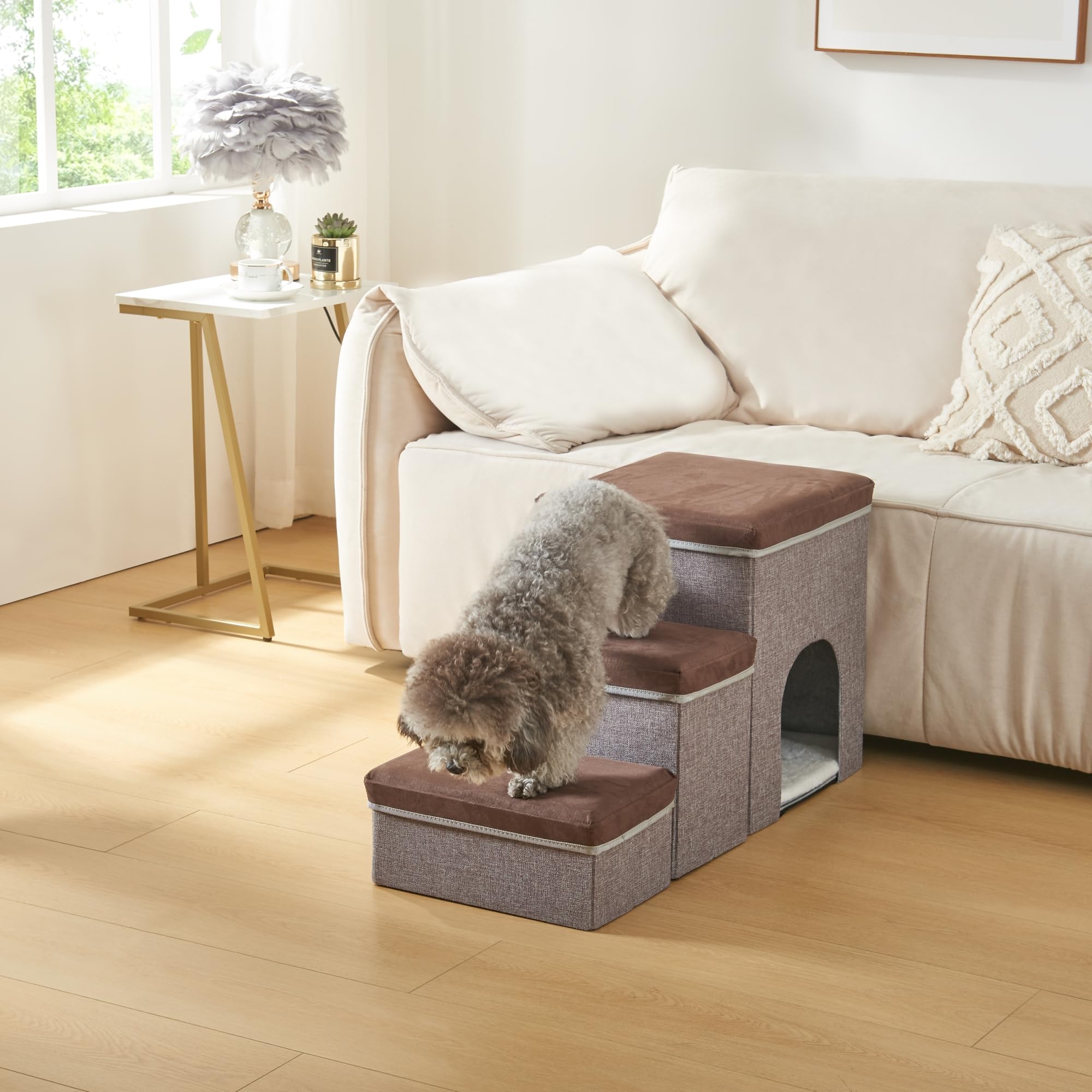 [en.casa] Scala a 3 Gradini per Cani e Gatti con Porticina Contenitori Pieghevoli con Coperchio Antiscivolo in Ecopelle 76 x 33 x 43 cm - Marrone Scuro/Grigio