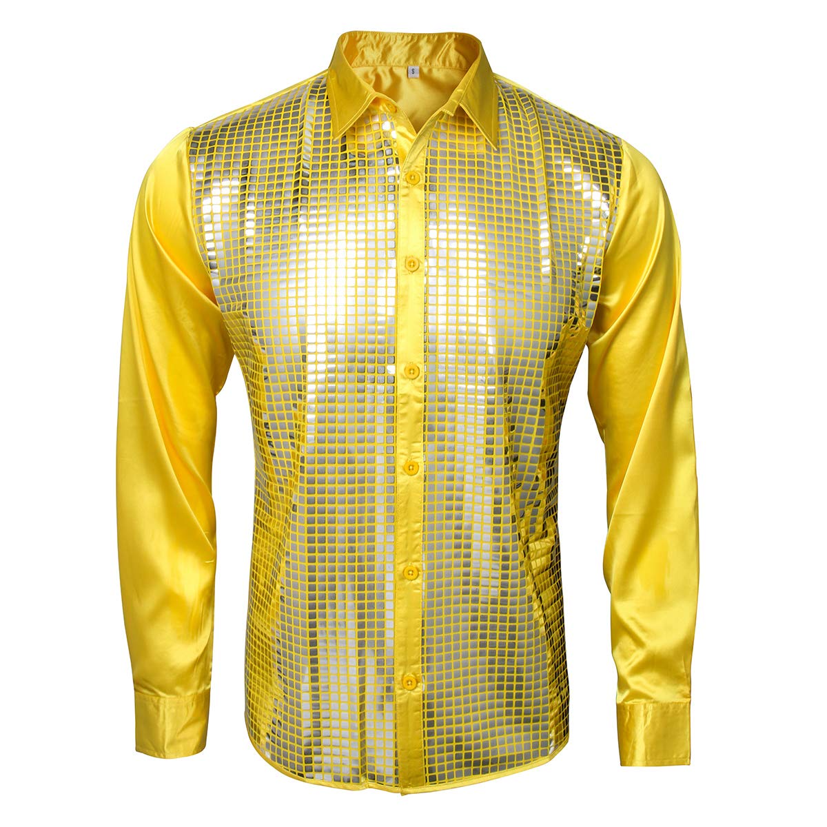 AMNPOLENMens Metallic Shiny Nightclub Costume Sequins Snakeskin Shirt Long Sleeve Slim Fit Button Down 70s Disco Party Props