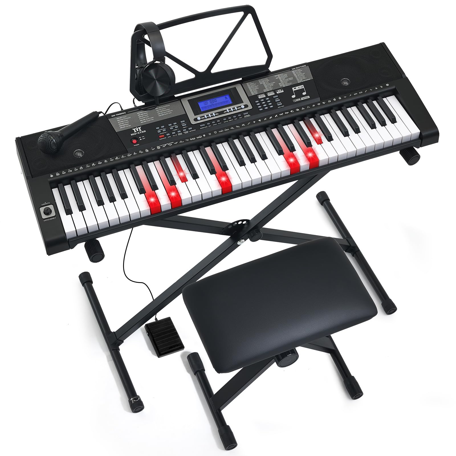 Mustar 61-Tasten-Keyboard-Klavier, elektronische berührungsempfindliche Tasten, tragbar, Kopfhörer, Mikrofon, Klavierständer und Hocker, Tasten in voller Größe, LCD-Bildschirm