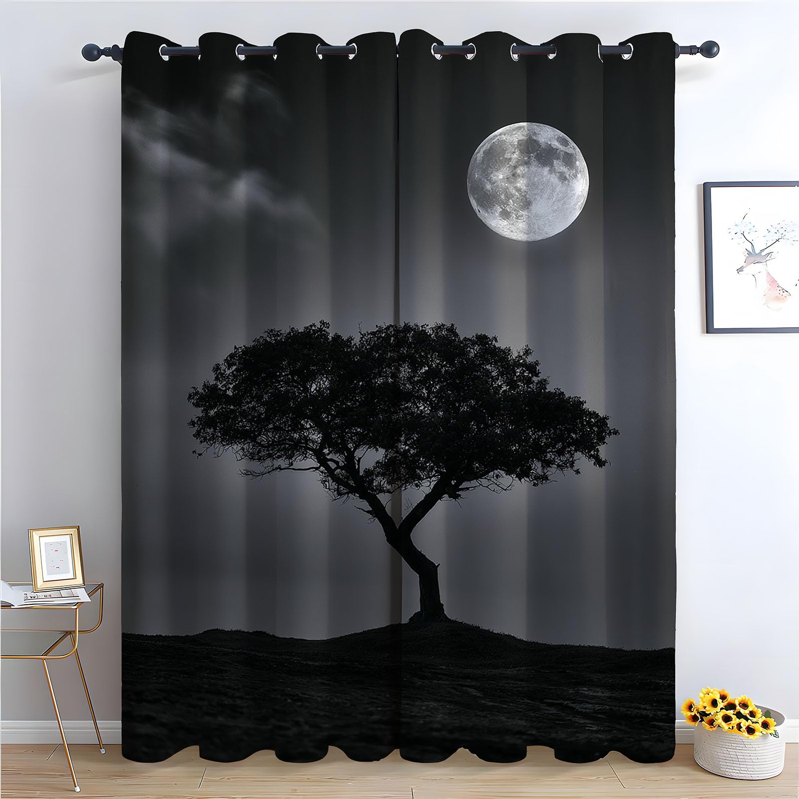 WQBQKKX Green Plant Curtains Moon Black out Curtains Watercolor Botanical Flower Print Pattern Window Drapes for Bedroom-52 W x 108" L (Pack of 2)