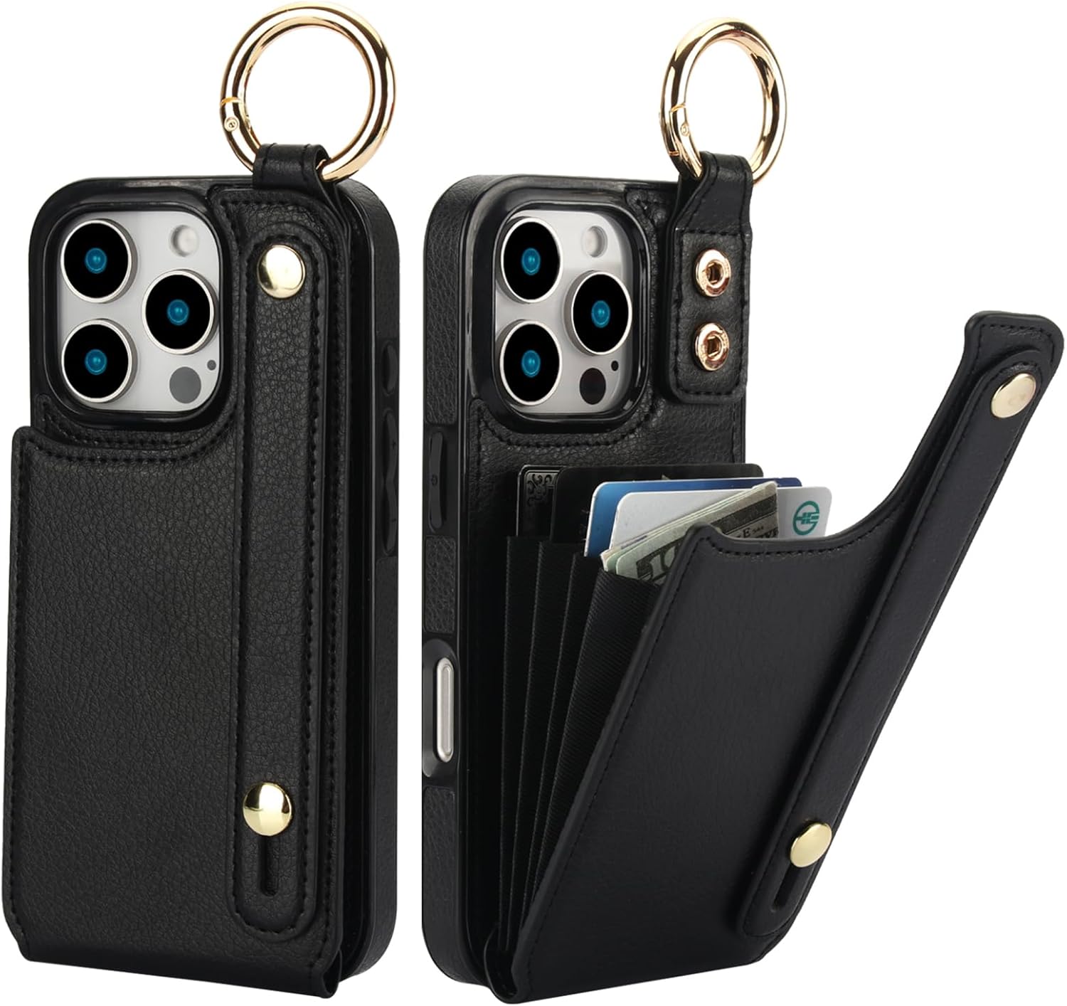Folosu for iPhone 16 Pro Wallet Case with Card Holder, Hand Wrist Strap Loop Holder Kickstand, RFID Blocking Finger Grip Ring PU Leather Double Buttons Shockproof Cover 6.3" Black