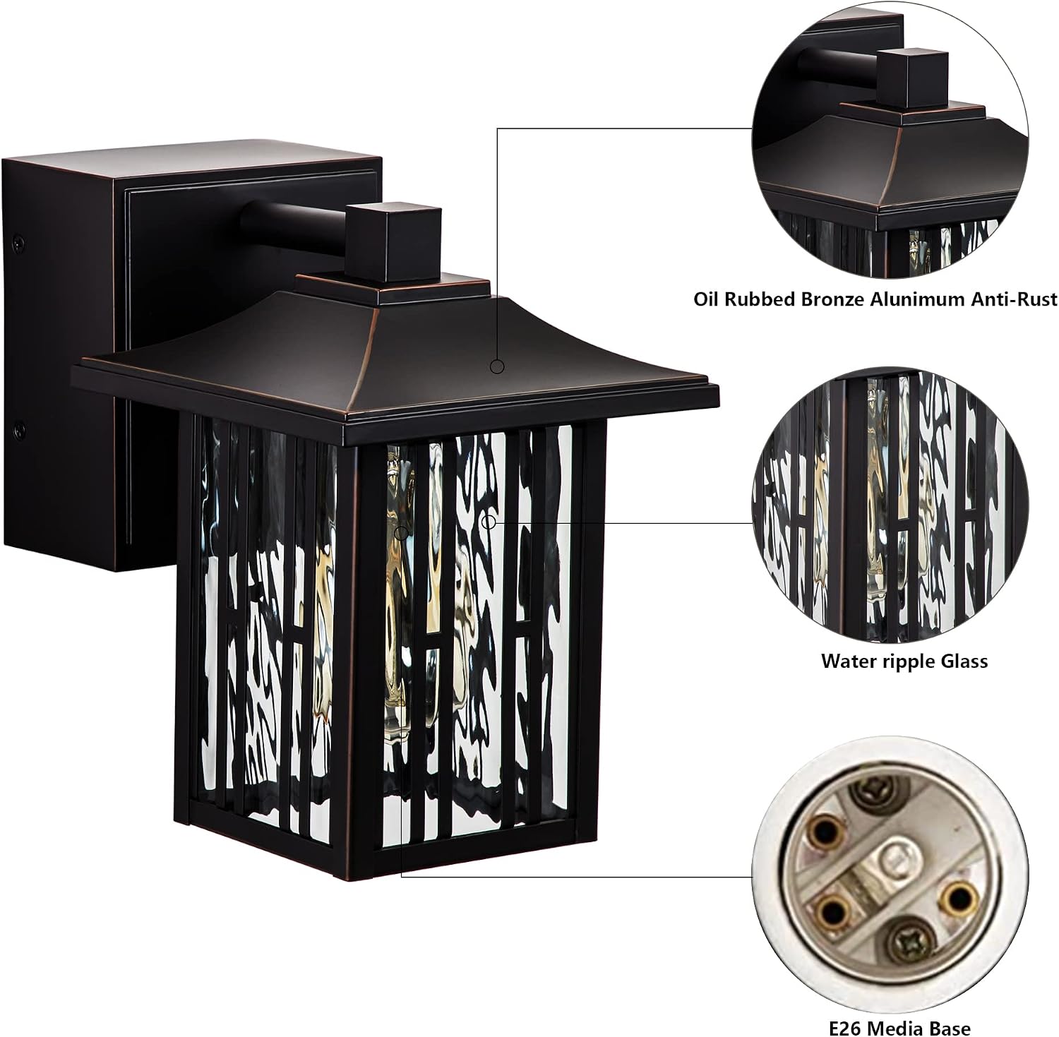 Outdoor Porch Lights with GFCI Outlet, Black Exterior Lights Fixture for House, Outside Wall Lights Wall Mount with Water Ripple Glass, Waterproof Patio Wall Sconce for Garage, Front Door