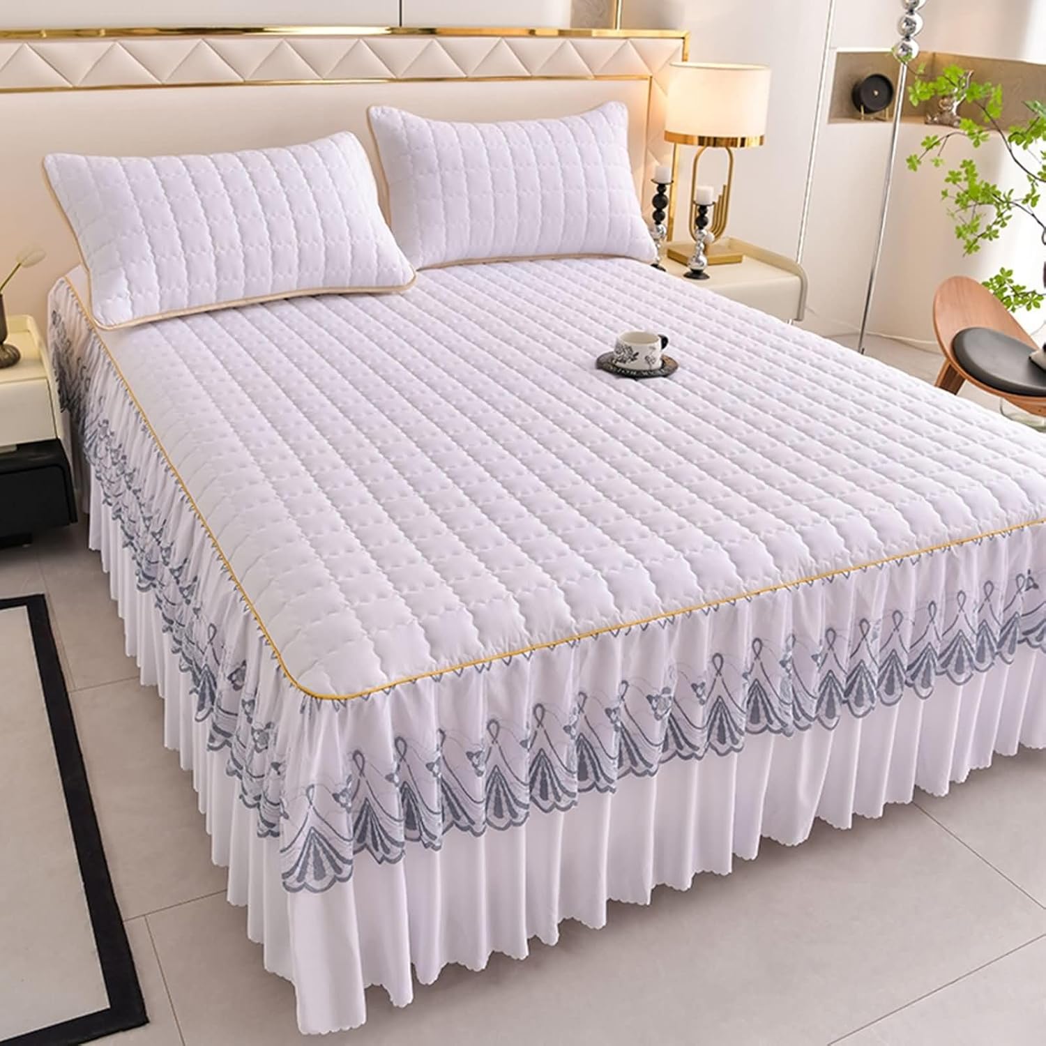 Beydodo Bed Skirt 48 x 78 inch, Bed Fitted Sheet Pink with Embroidered Lace, Polycotton Mattress Protector 120x200cm