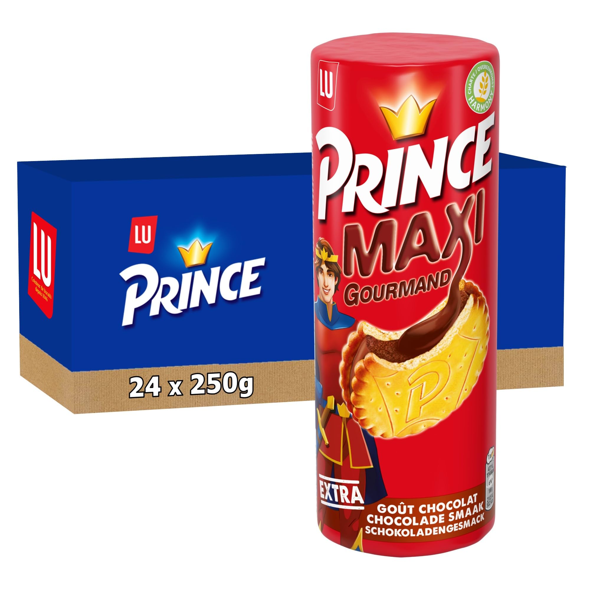 LU - Prince Maxi Gourmand - Biscuits Fourrés Goût Chocolat - Idéal Goûter, Petit Déjeuner, Snack - Lot de 12 Paquets de 250 g
