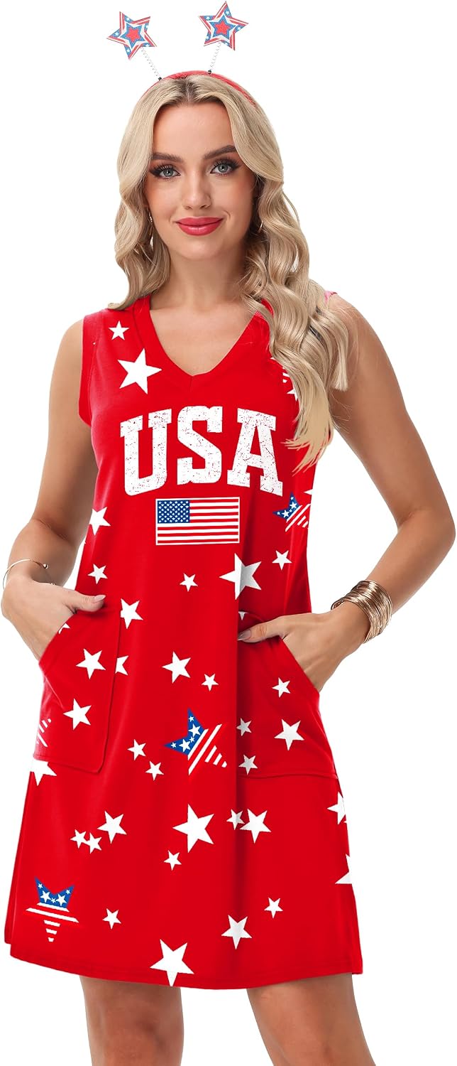 Deerose Womens July 4th Sleeveless Dress American Flag Swim Cover Up Dress with Pockets