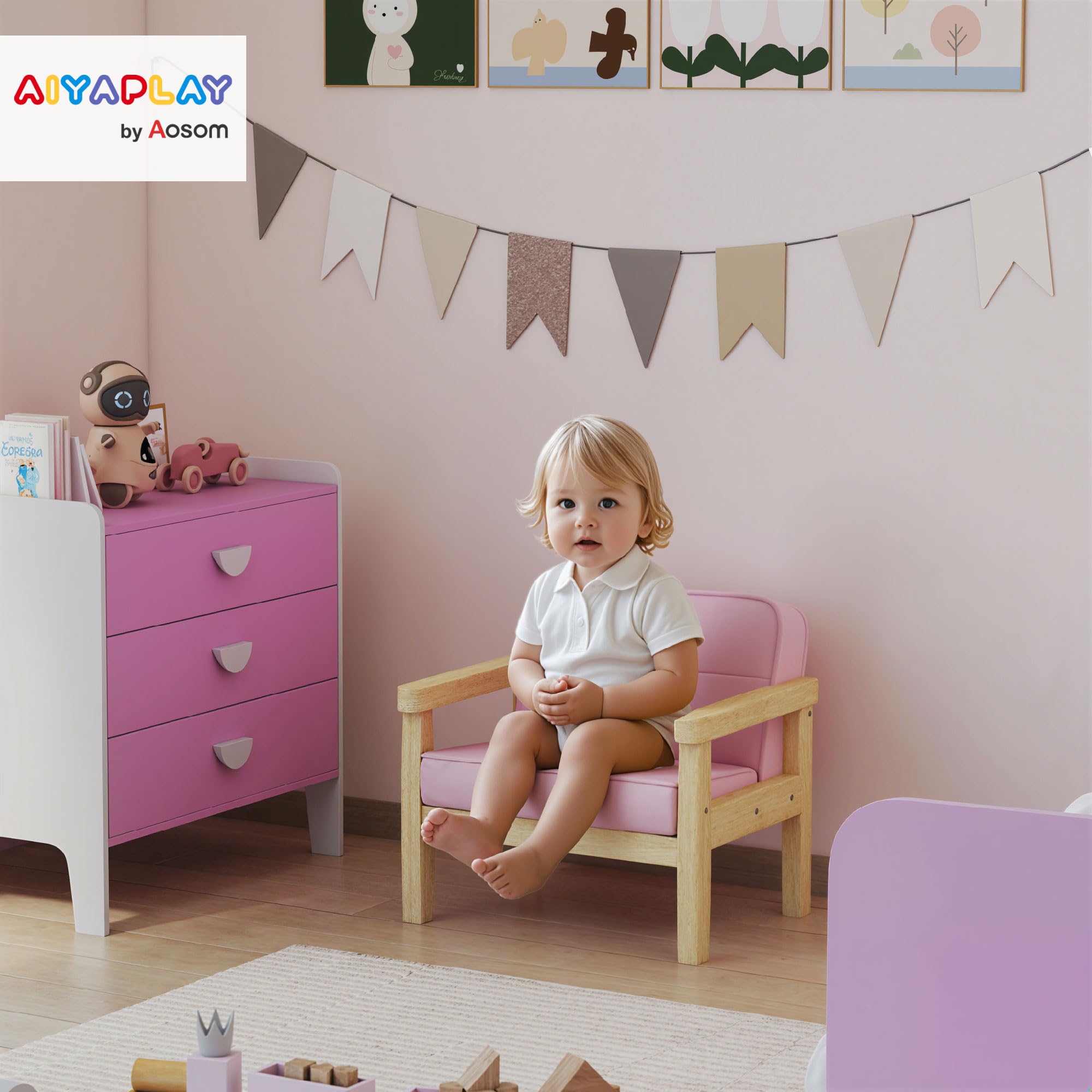 AIYAPLAY Kindersessel Kindersofa mit Kord-Optik, massiven Holzfüßen Sessel aus Schaumstoff Kinderstuhl für Kinderzimmer, Spielzimmer, 46,5 x 44 x 45 cm, für Kinder 3-8 Jahre Rosa