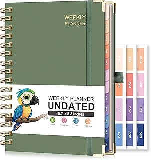 RETTACY Undated Planner, Weekly and Monthly, 53 Weeks and 12 Months, Medium Size (5.7" x 8.3"), 24 Self-adhesive Monthly Tabs, Hardcover, 100 GSM Thick Paper, Spiral-bound (Light Green)