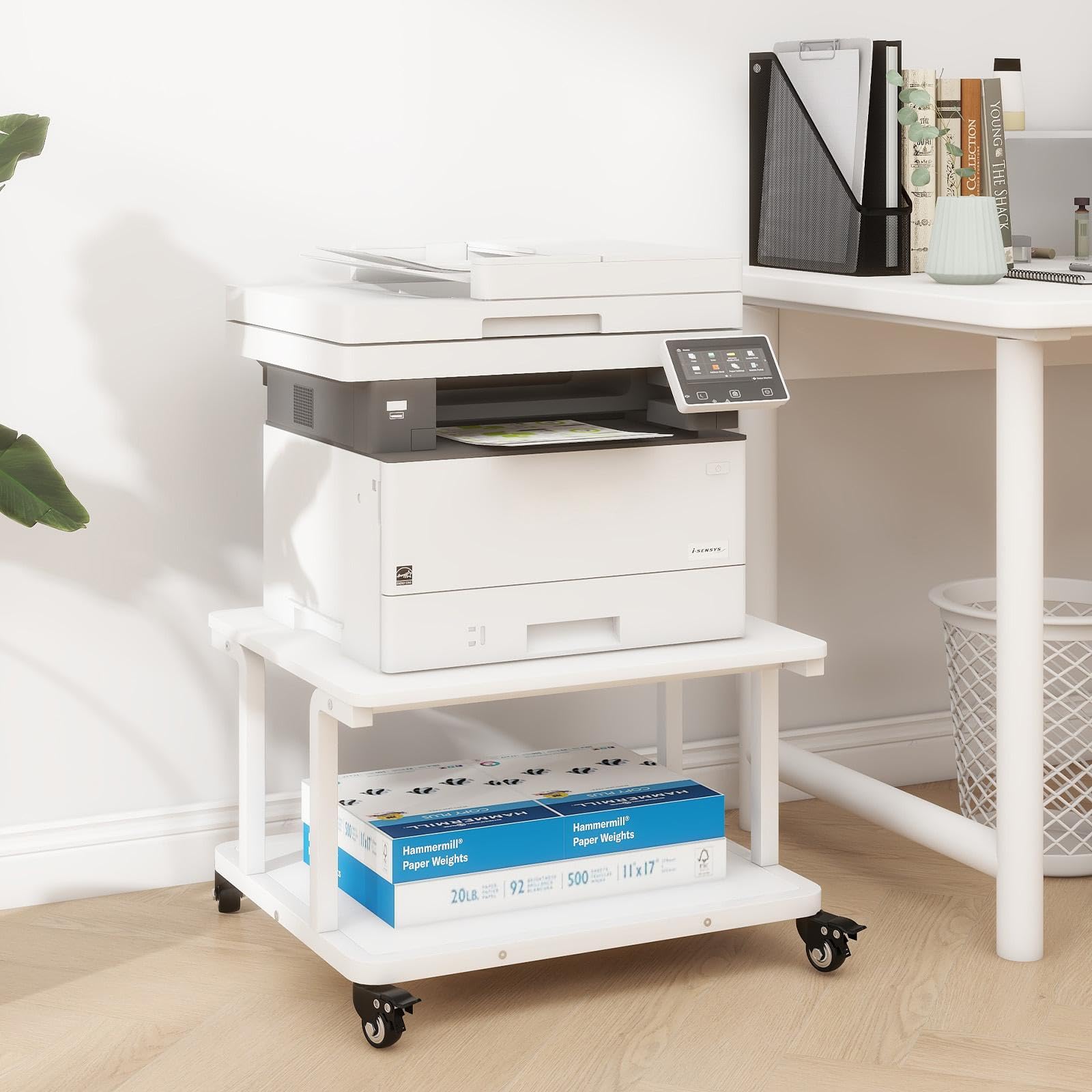 PUNCIA Carro Impresora de 2 Niveles 60 x 50 cm para Oficina Hogar Escuela | mesa soporte impresora blanco carro organizador documentos mueble con estantes para archivos y equipos de oficina