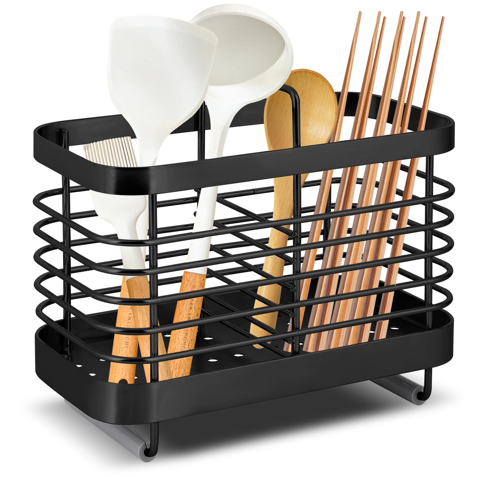 Simpcozy Stainless Steel Utensil Holder, Cutlery Organizer - Rust-Resistant Sink Drainer Caddy with 2 Compartments, Kitchen Sink Tidy for Utensils Storage (Black)