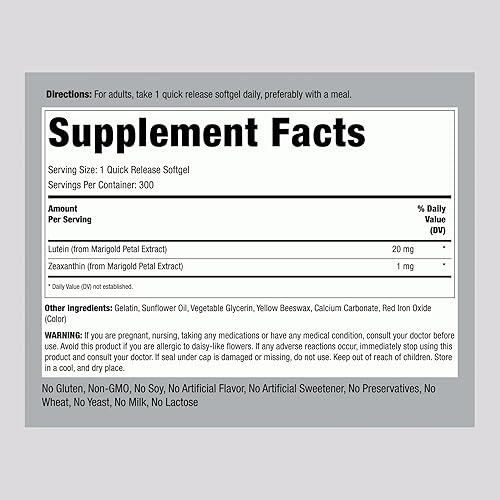 Miniatura 2 de Piping Rock Suplemento de luteína y zeaxantina | 20 mg | 300 cápsulas blandas | Vitamina ocular de extracto de caléndula | Sin OMG, sin gluten