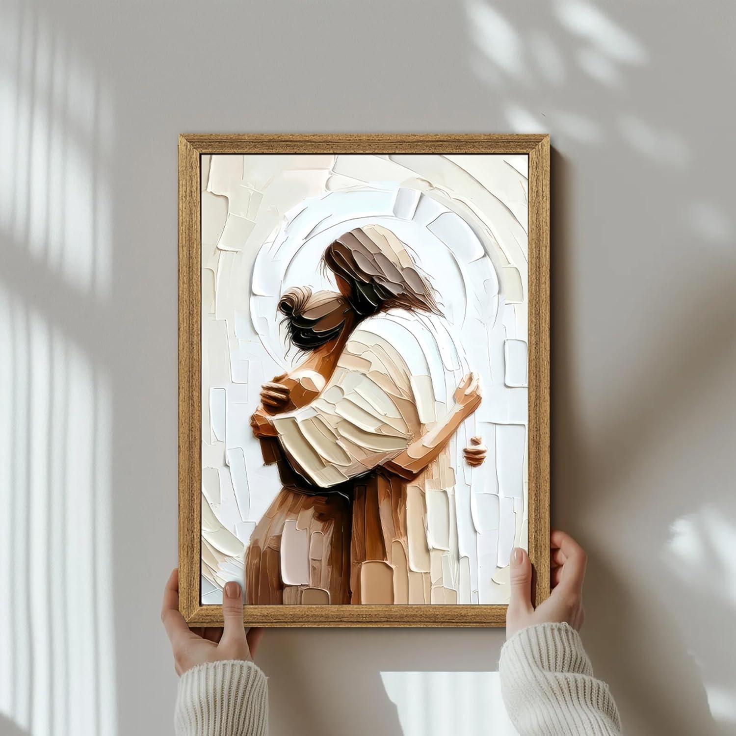 Palette Dreams Jesus Embracing Woman Canvas Wall Art，Woman Lying Safely In The Arms Of Jesus Wall Decor，Christian Painting Print Poster for Bedroom Church Living Room 12 x 16 Inch Wood Framed