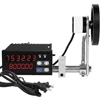 Digital Length Counter Single Measuring Wheel in Feet Inches Meter Yard, 0-999999 Length Counter for Yarn Fishing Line Wire Film Textile Paper, Dual Relay Outputs, Failure Memory Function