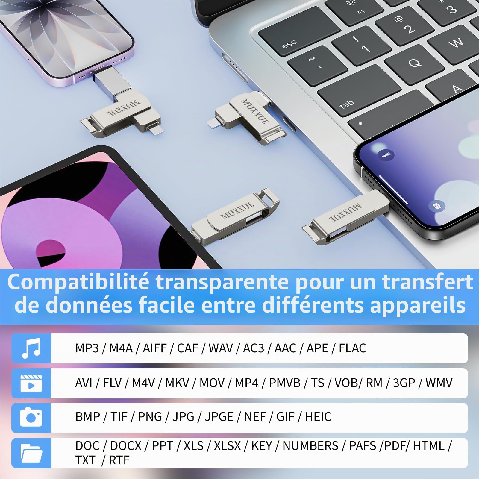 Cle USB iphone 256Go-Sans Application Requise,MFI Clé USB pour iphone/1Pad/Android/PC 3 en 1 avec iOS USB-C USB-A Stockage Externe pour Transfert de Photos, Vidéos et Films