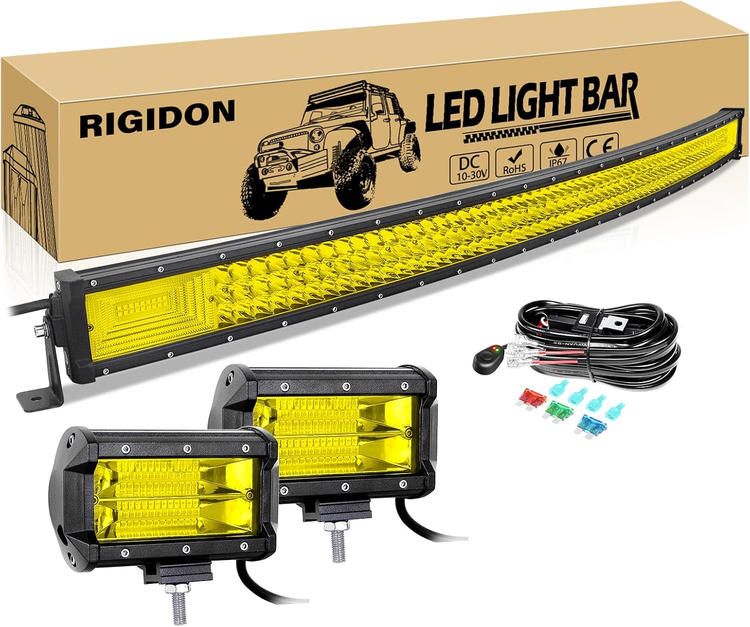 RIGIDON 50 Inch 648W Curved Amber LED Light Bar Triple Row Flood Spot Combo 2PCS 5Inch 72W Flood LED Fog Light Waterproof with Work Light Wire Harness Kit for Driving Boat Off Road ATV UTV Truck