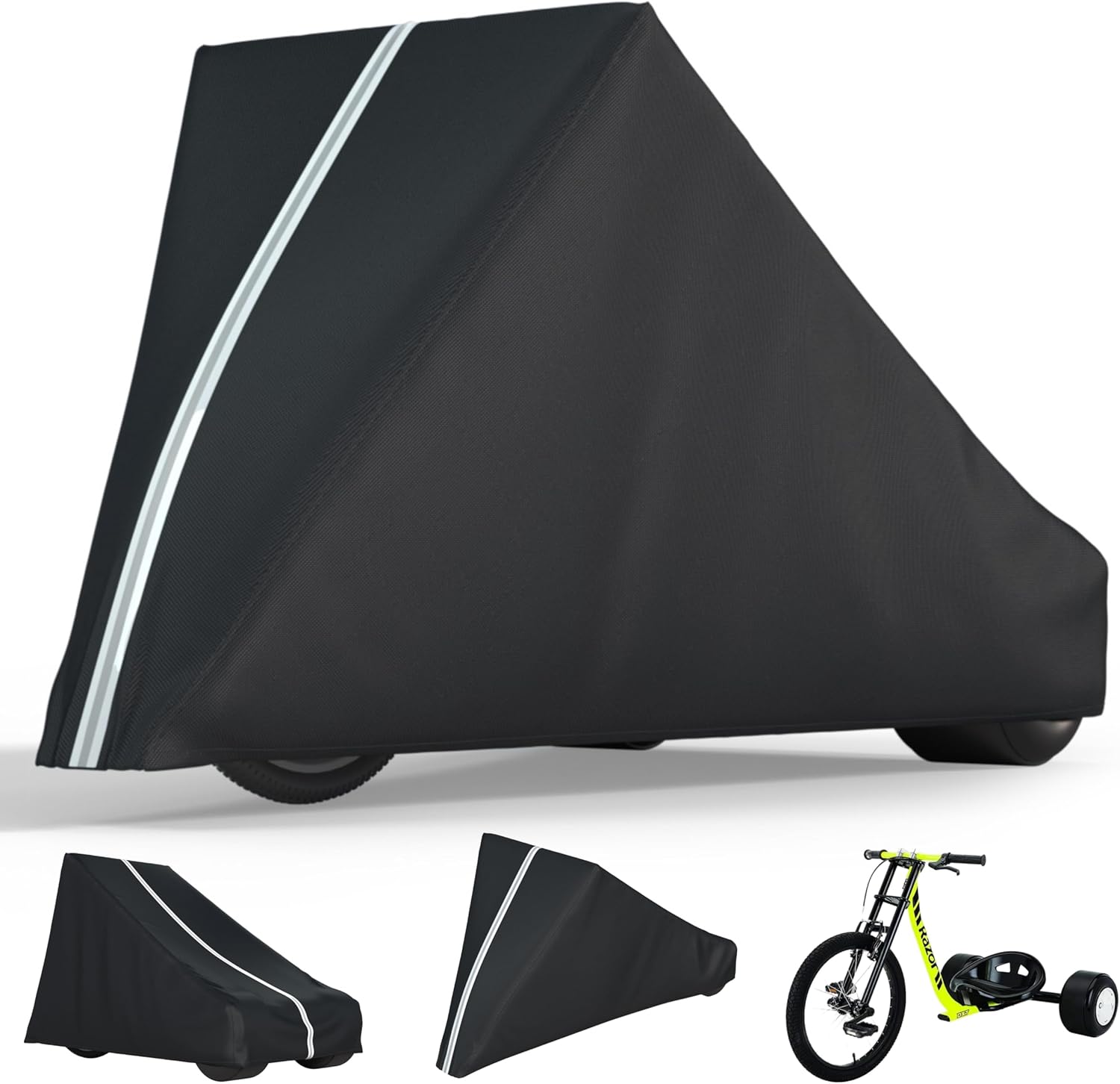 Drift Trike Cover, Fits Razor DXT Drift Trike, Dimensions 60L × 32W × 30H In, Made From 600D High-Strength Silver-Coated Waterproof Oxford Fabric, Dustproof and Waterproof, Includes Storage Bag