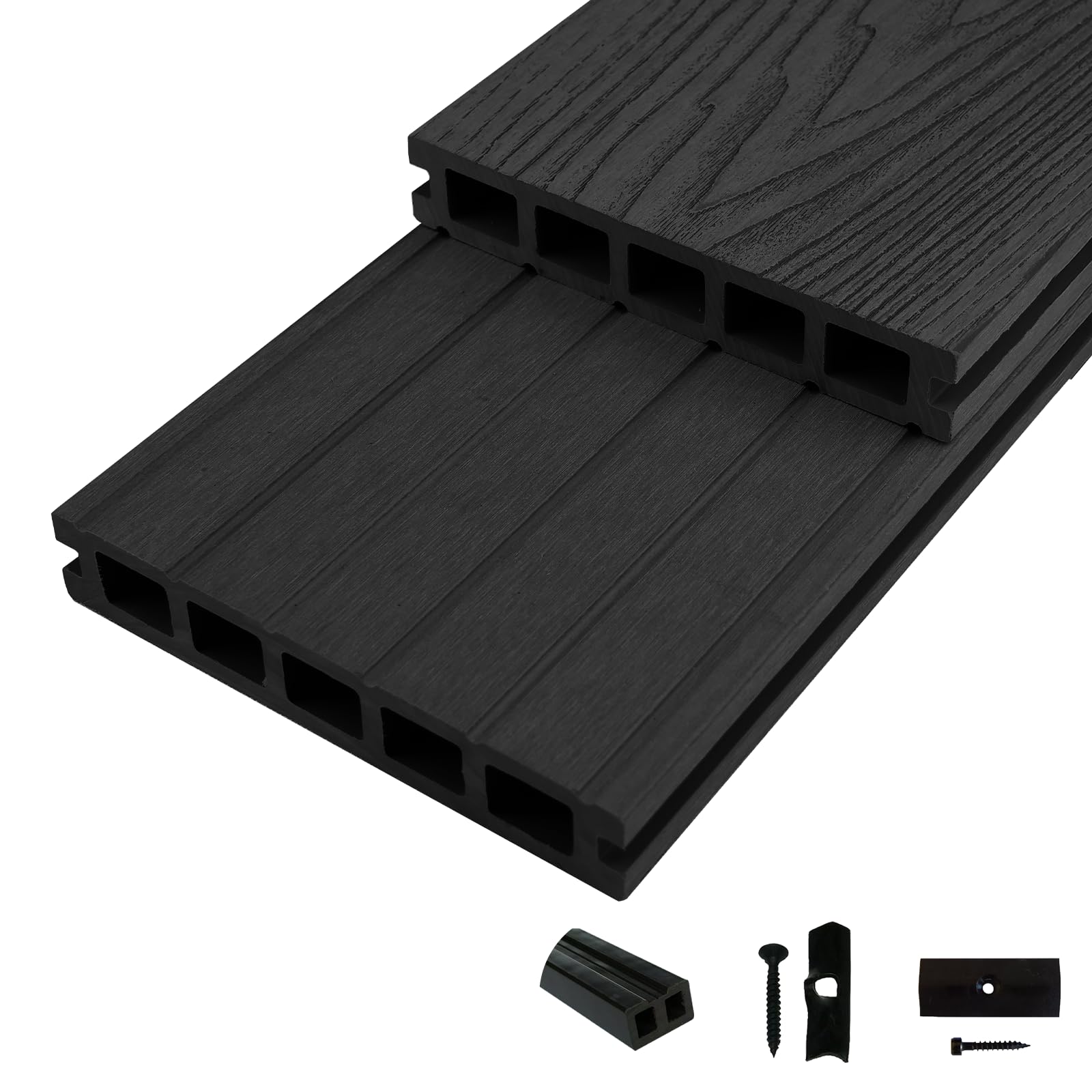 Terrassendielen WPC Diele Komplettset 3D Holzstruktur WoodoMykonos (25 x 145mm, Länge: 2,40m) in anthrazit (Anthrazit, 5 m²)