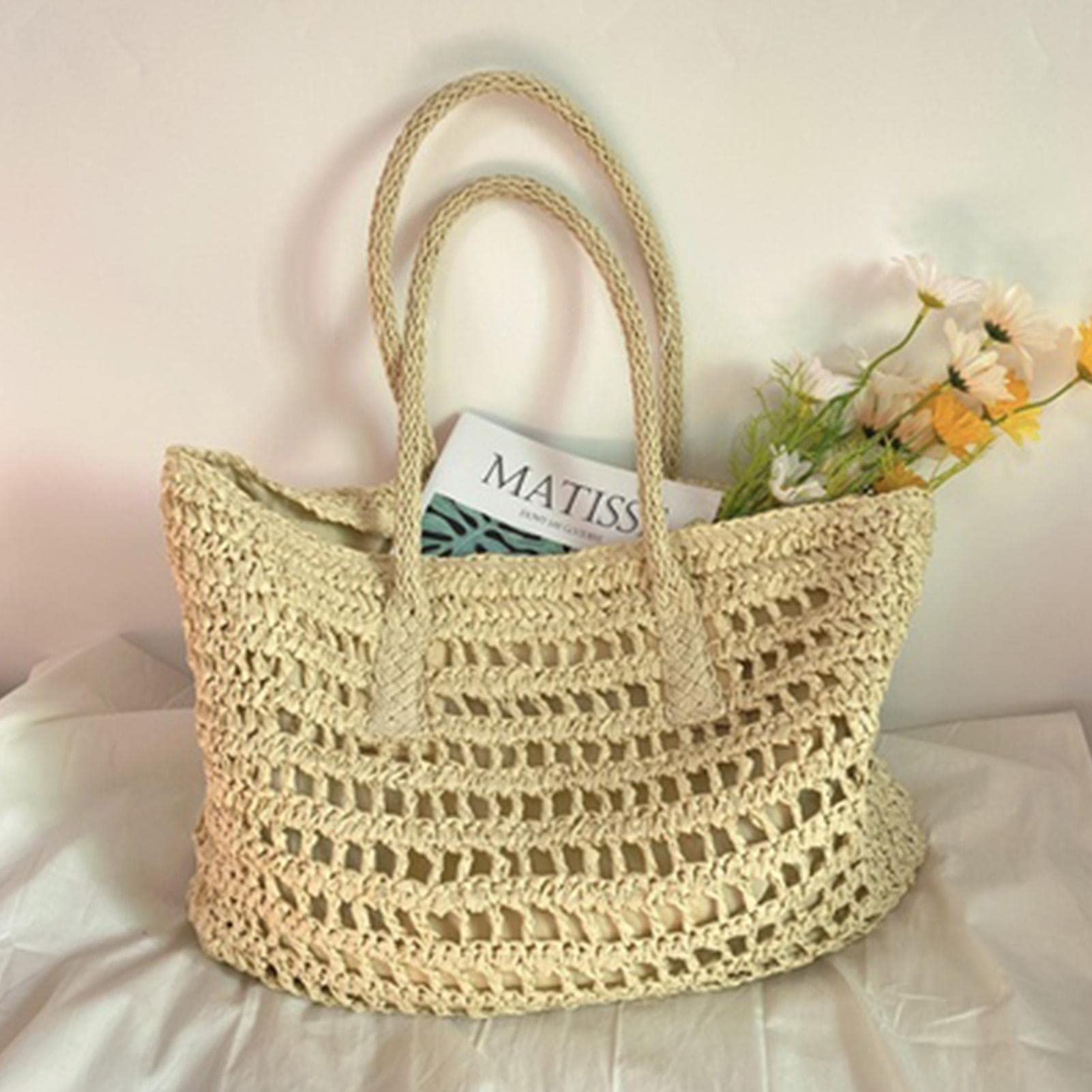 3 sztuki Duża torba ze słomy | Ręcznie tkana torba rattanowa Ręcznie wykonana torba na ramię ze słomą plażowa Summer Bag,Słomkowa torba plażowa dla kobiet, duża tkana letnia torba Torebka Torba na
