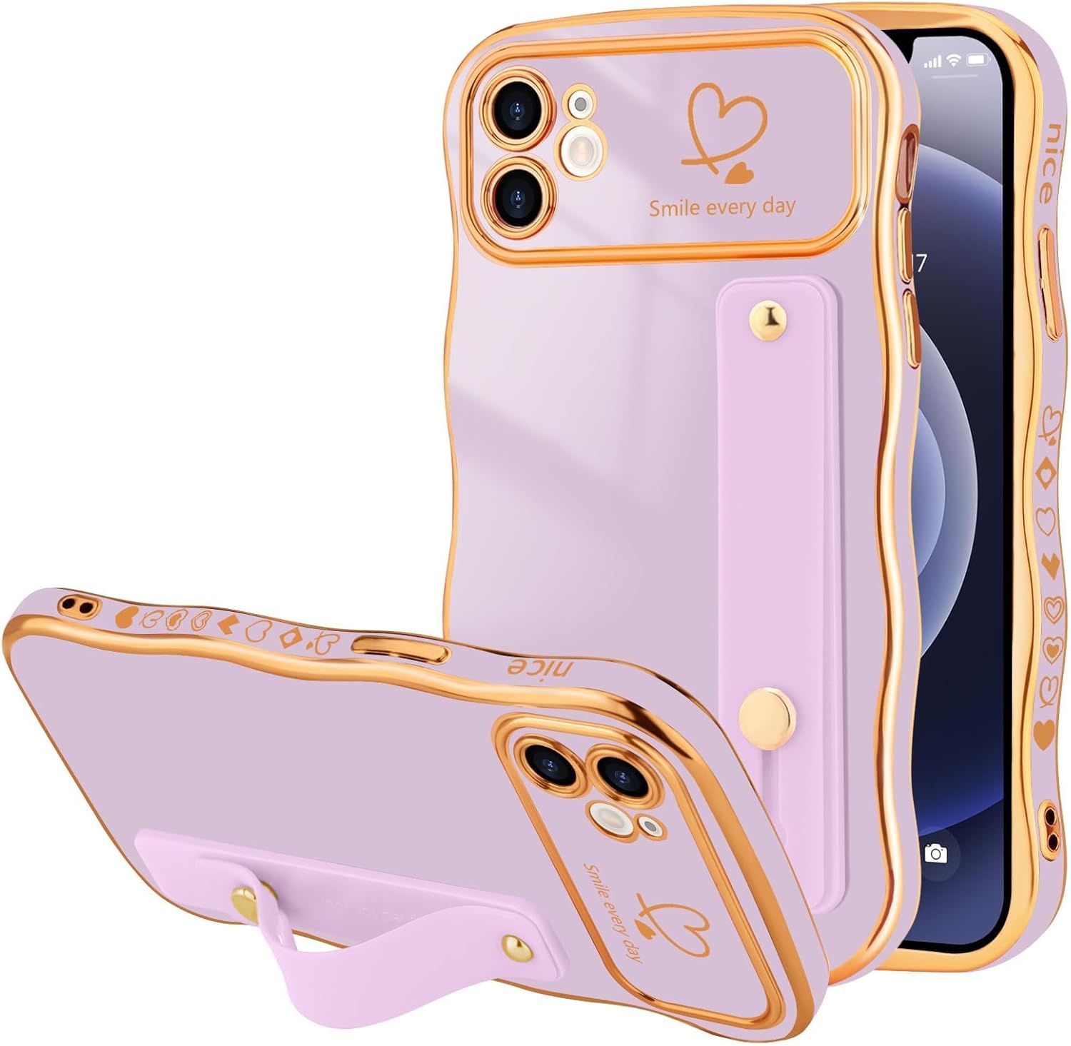 for iPhone 12 Case for Women Girls with Strap, Wave Frame Cute Love-Heart Plating Luxury Bling Stand Cover, Raised Full Camera Soft Silicone Protective Phone Case for iPhone 12, Light Purple