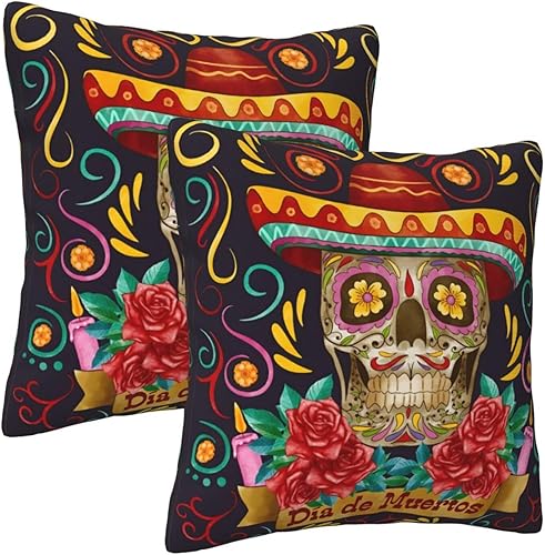 Miniatura 2 de Juego de 2 fundas de almohada de calavera del Día de los Muertos de 18 x 18 pulgadas para almohadas de sofá para decoración mexicana del Día de los
