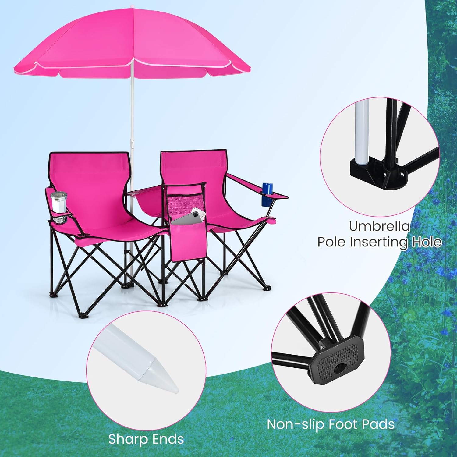 Tangkula Double Camping Chairs with Umbrella, Portable 2 Seat Folding Camp Chair with Cooler Bag, Beverage Holder, Carrying Bag, Foldable Lawn Chair for Outside, Fishing, Picnic, Beach