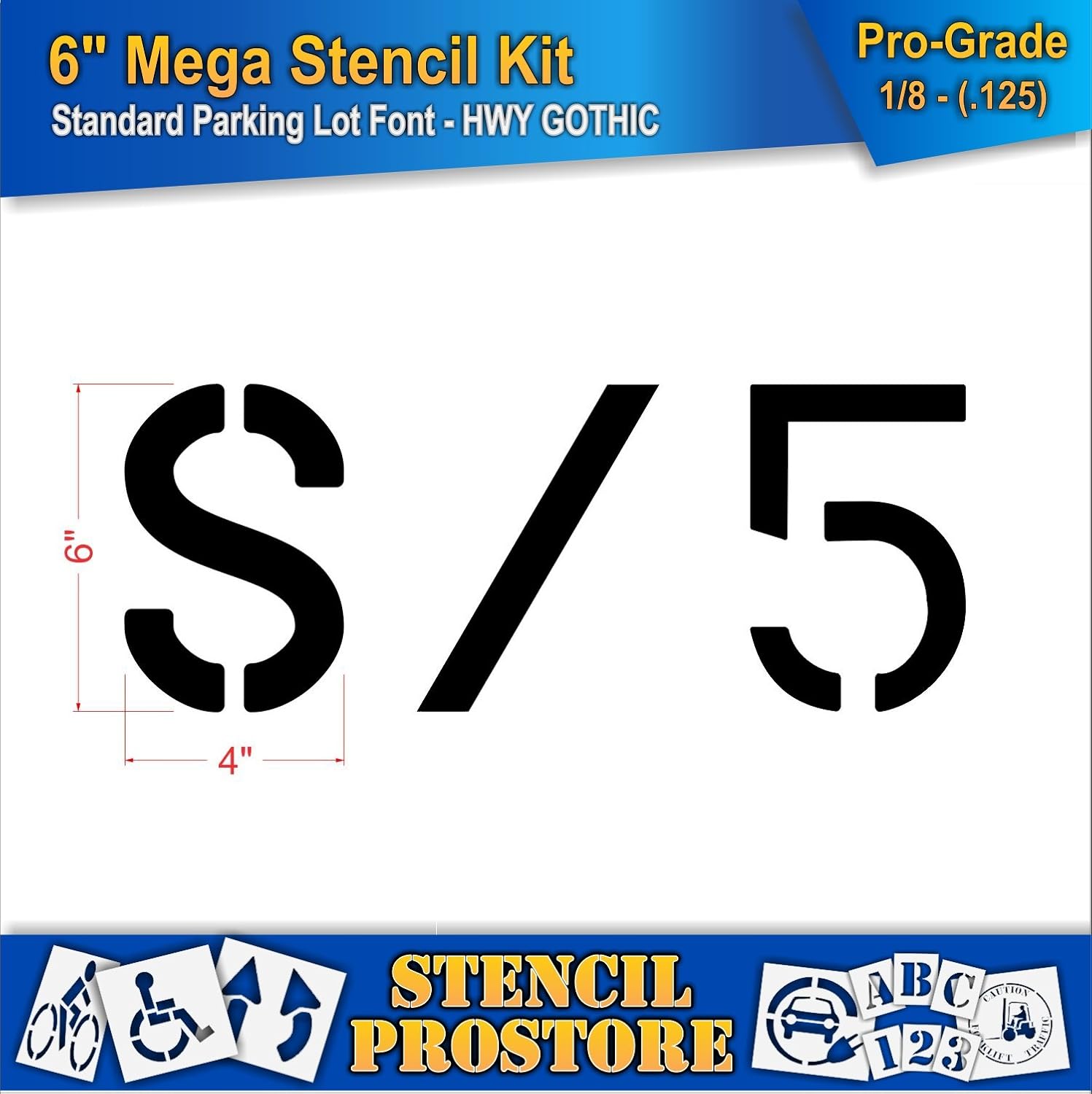 Curb & Median Stencils - 6 inch MEGA Alpha/NUM Set - (64 Piece) - 6" x 4" x 1/8" (128 mil) - Pro-Grade