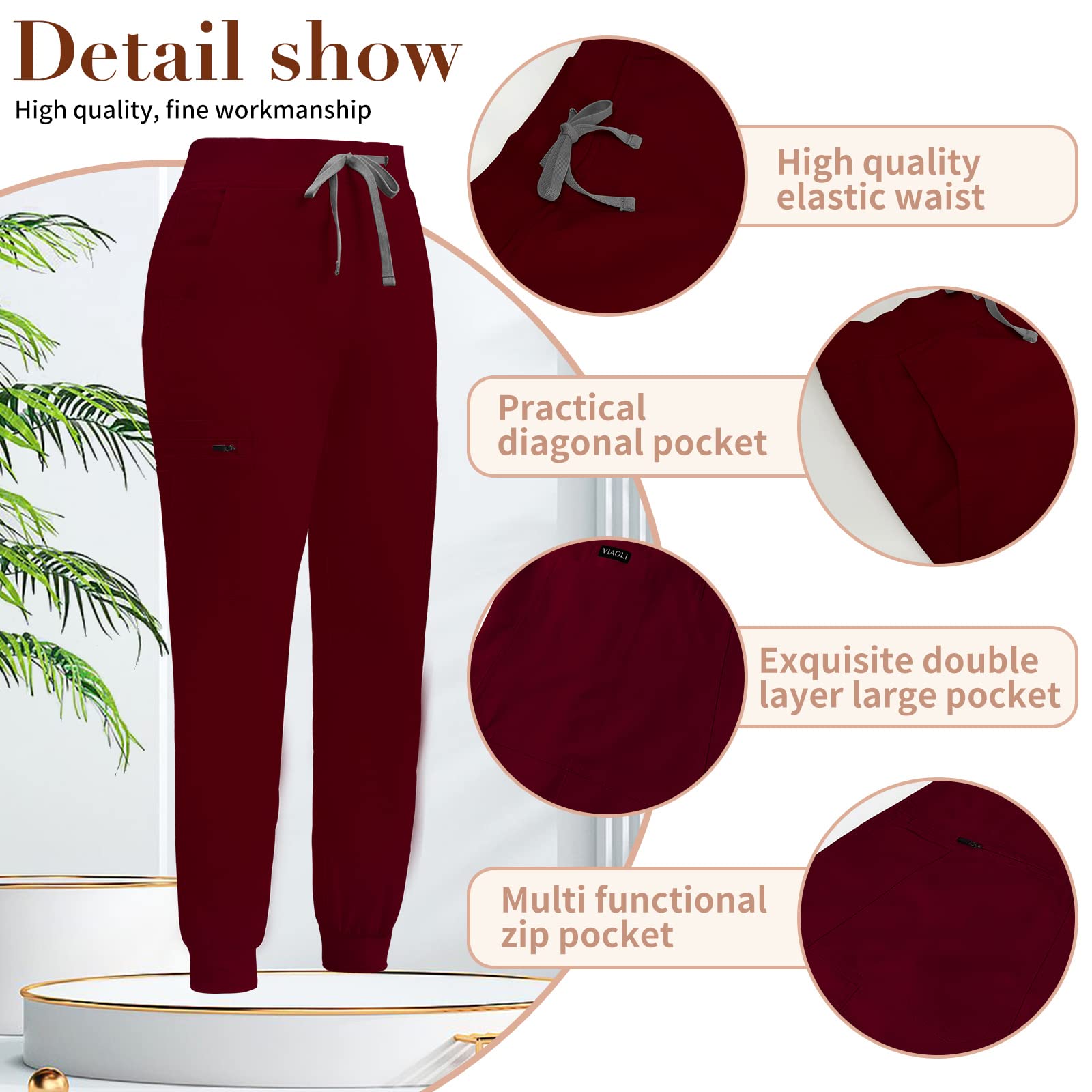 niaahinn Women Jogger Scrubs Pant Workwear Mid Rise Tapered Leg Drawstring for Nursing Soft Fabric (Burgundy,XS,X-Small)