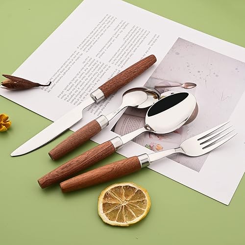 Miniatura 7 de Juego de cubiertos 188 con asas de madera, cuchillo para carne y tenedor, cucharadita, juego de cubiertos reutilizables para el hogar, cocina,