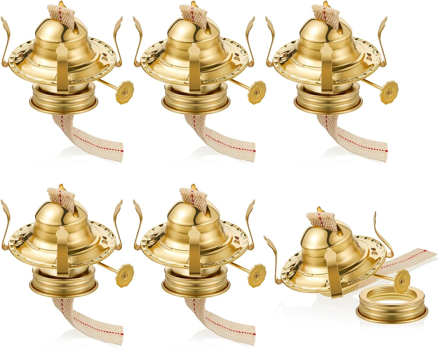 Hortsun 6 Pcs Oil Lamp Parts Burner Kerosene Brass Plated #2 Oil Lamp Chimney Holder Replacement Burner with 1 3/16" Diameter Threaded Base for Antique Hurricane Lantern (Gold)