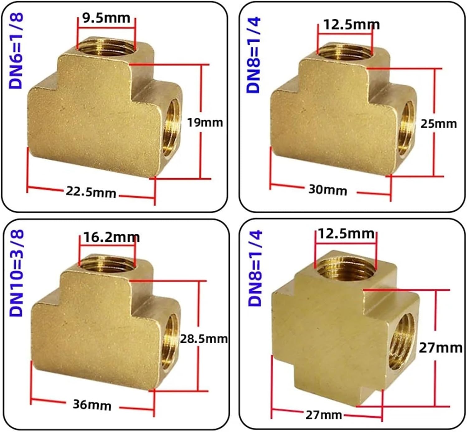 3 Ways 4 Ways Brass Pipe Fitting 1/8 1/4 3/8 1/2Inch Thread Equal Female Square Connector 1Pcs(WHITE,1/2")
