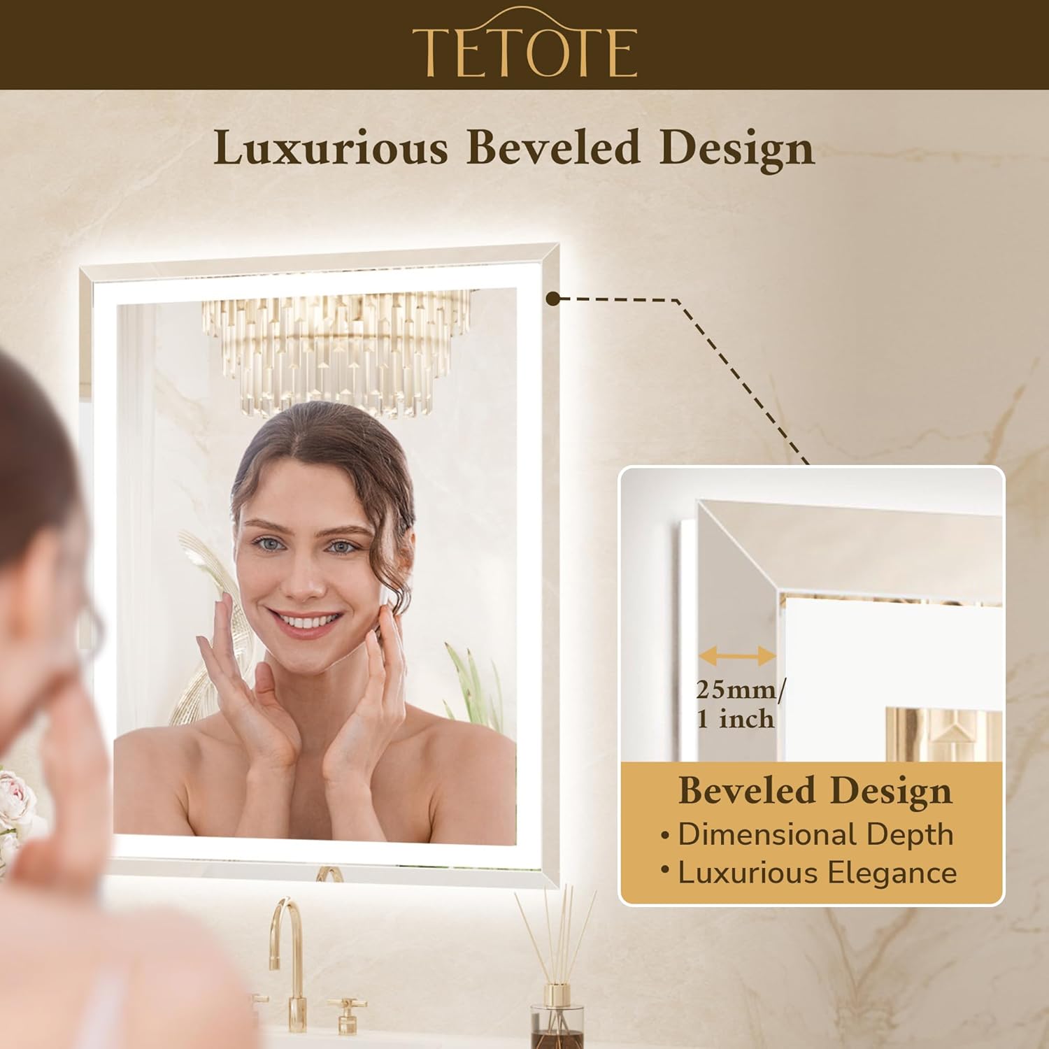 TETOTE 72 x 36 Inch Led Lighted Mirror for Bathroom Wall, Extra-Bright Beveled Bathroom Vanity Frontlit & Backlit Frameless Mirror with 3-Color Lights, Defogging, Tempered Glass, Waterproof