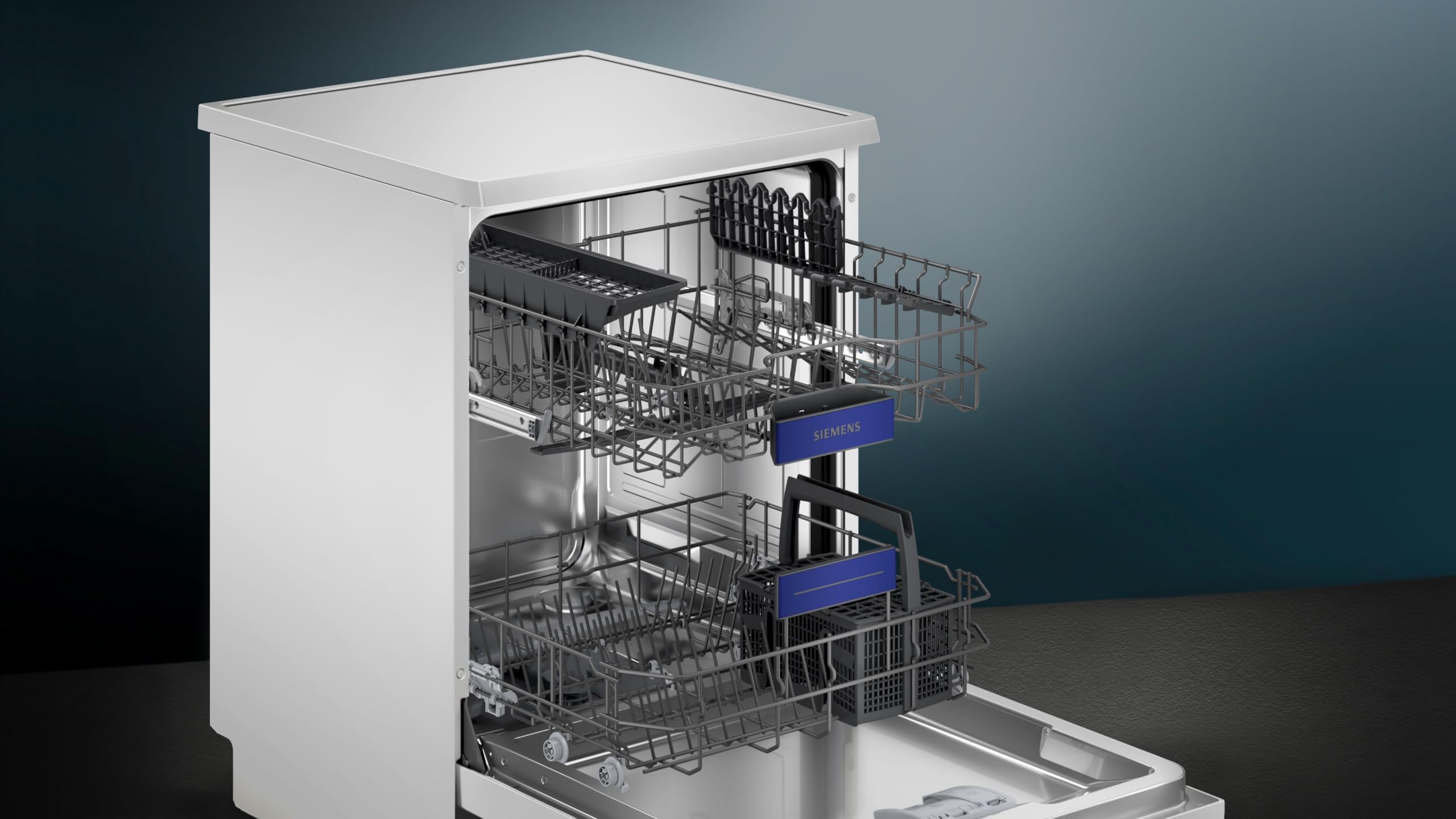 Siemens SN23HW02KE iQ300 Smarter Geschirrspüler Freistehend, 60 cm breit, Besteckkorb, Weiß, angenehm leise mit iQdrive, aquaStop, höhenverstellbarer Oberkorb, intensiveZone gegen hartnäckige Flecken