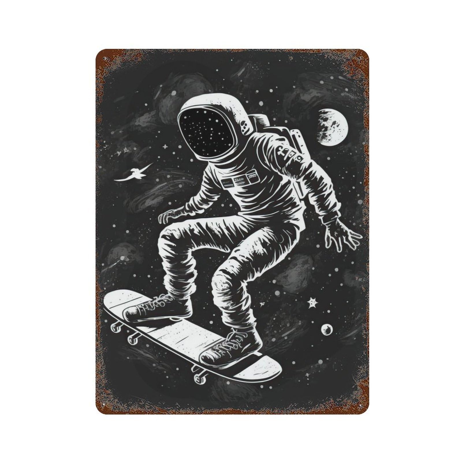 Weathered Tin Sign with Astronaut on A Skateboard Design 15.7"x11.8", for Basement, Hobby Room And Garage Decor, Industrial Home Decor