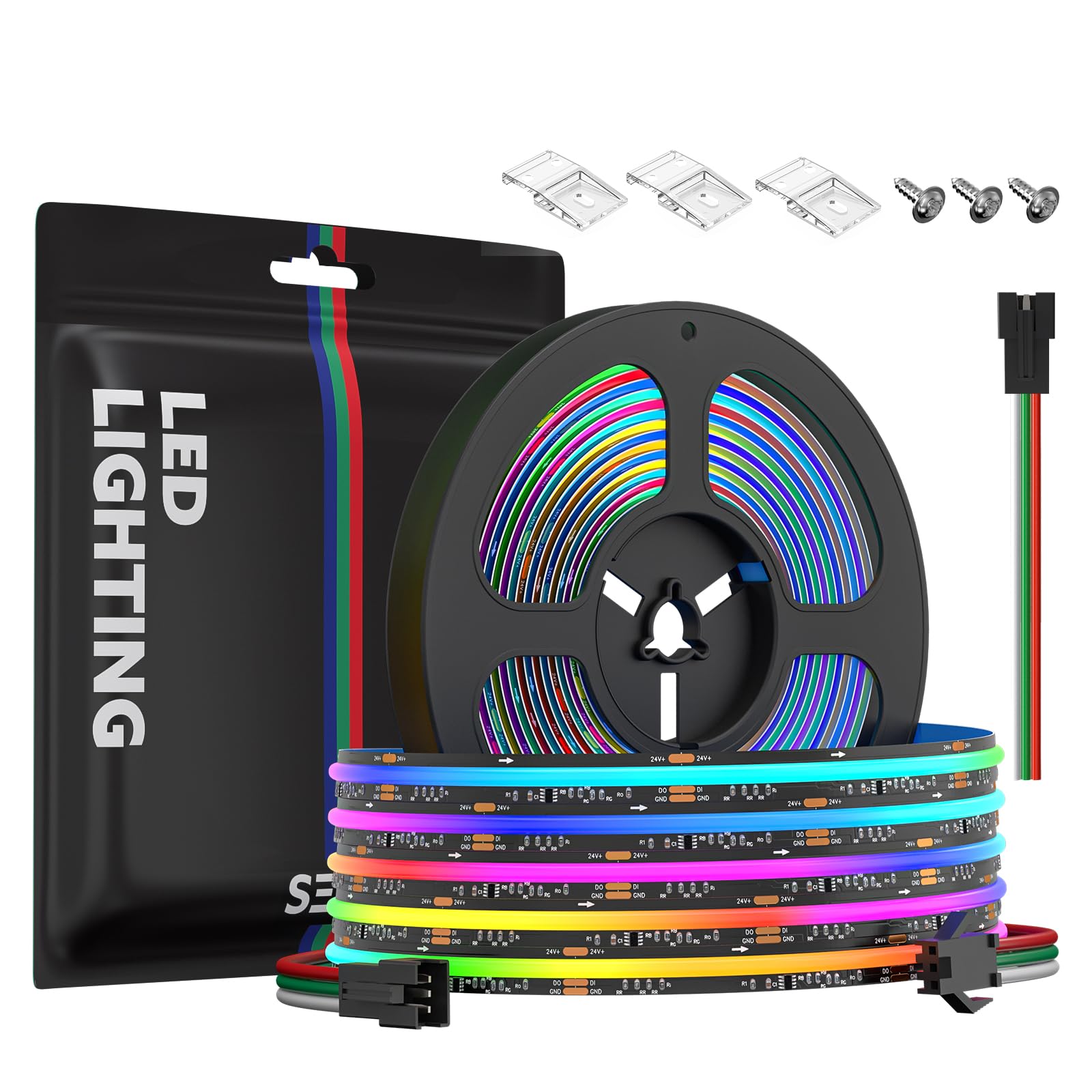 SEZO FCOB RGB WS2811 IC Tira LED direccionable COB RGB IC Chasing Alta densidad 5M DC24V 630LEDs/M IP30 Tira LED PCB negro para decoración DIY en interiores (no incluye controlador SPI)