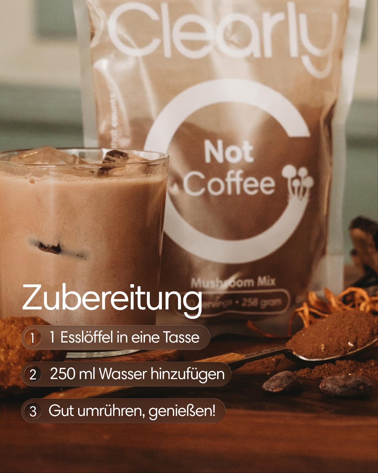 Clearly Not Coffee – Ungesüßtes Pilzgetränk mit Kakao, Chaga, Reishi, Lion's Mane & Cordyceps – Kaffee­freie Kakao-Alternative, Vegan & Zuckerfrei – 255 g