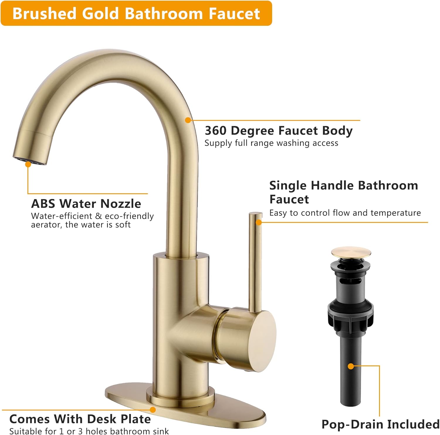 Gold Bathroom Faucets with Pop-Up Drain, Modern Single Hole Bathroom Sink Faucet with Deck Plate Single Handle Lavatory Faucets Brushed Gold Bar Vanity Faucet - Image 5