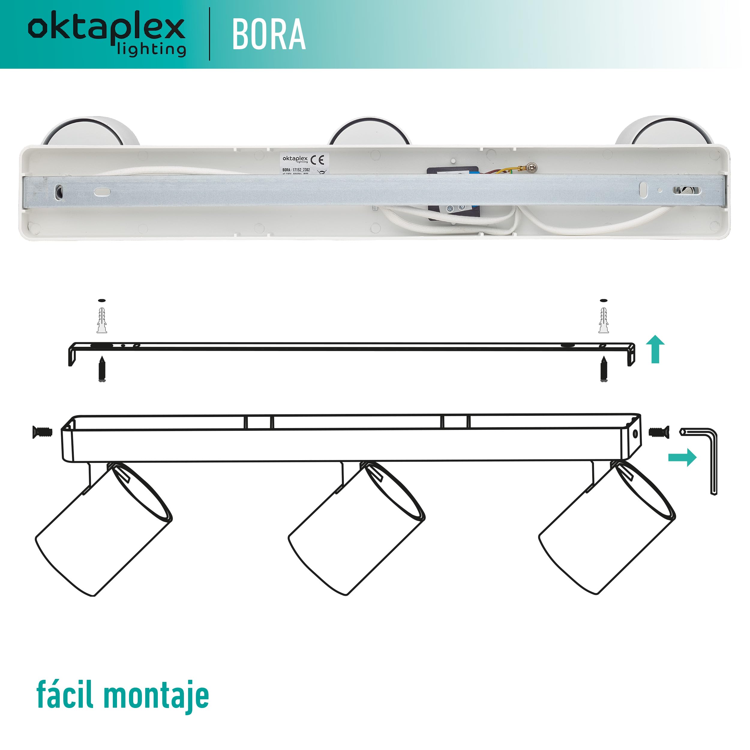 Oktaplex Bora Foco de techo 3 llamas GU10 LED spot bar 45 cm 230 V spot luz foco orientable lámpara de techo blanco | Lámpara de techo LED GU10, 45 cm, 230 V