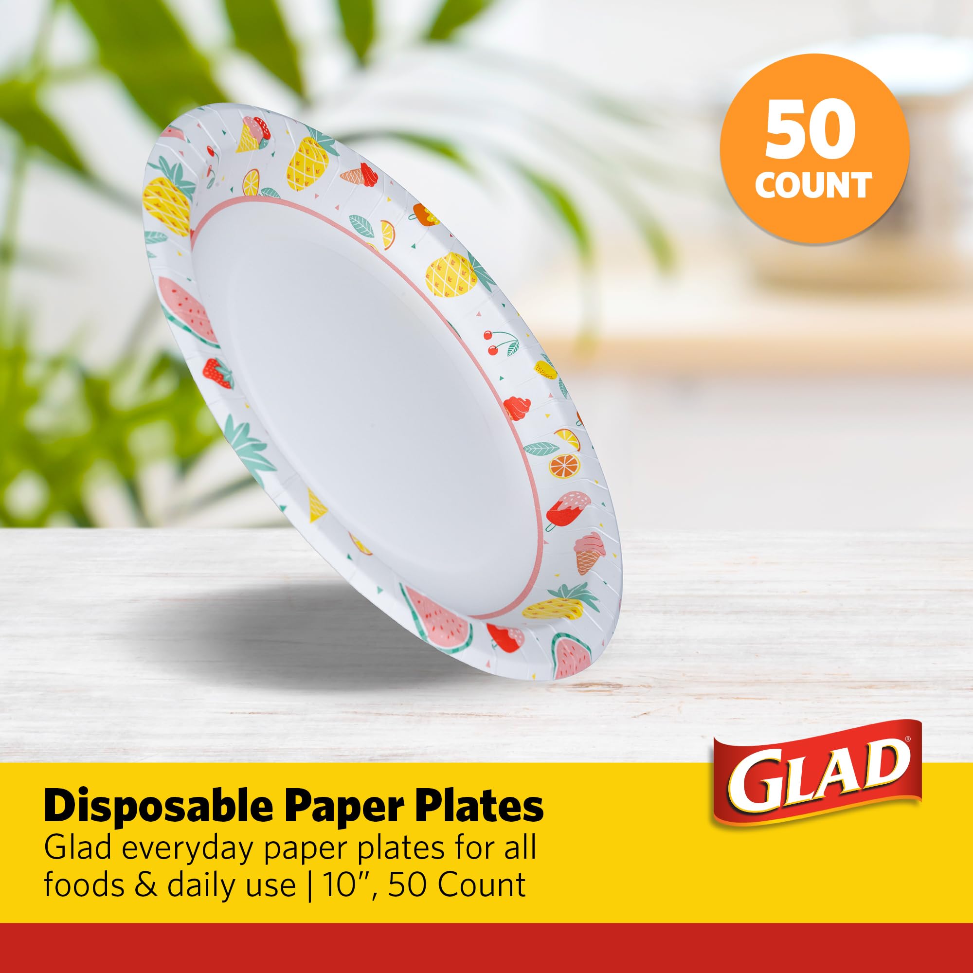 Glad Platos de papel desechables redondos para uso diario con diseño de picnic, resistentes a los cortes, platos de papel para microondas para todos los alimentos y uso diario, 10 pulgadas, 50