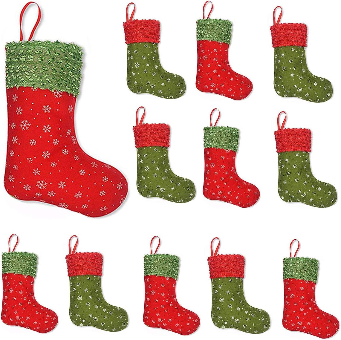 Vanteriam 12PC Mini Christmas Stockings with Snowflake, 9'' Party Decorations/Gift Bags, Red & Green